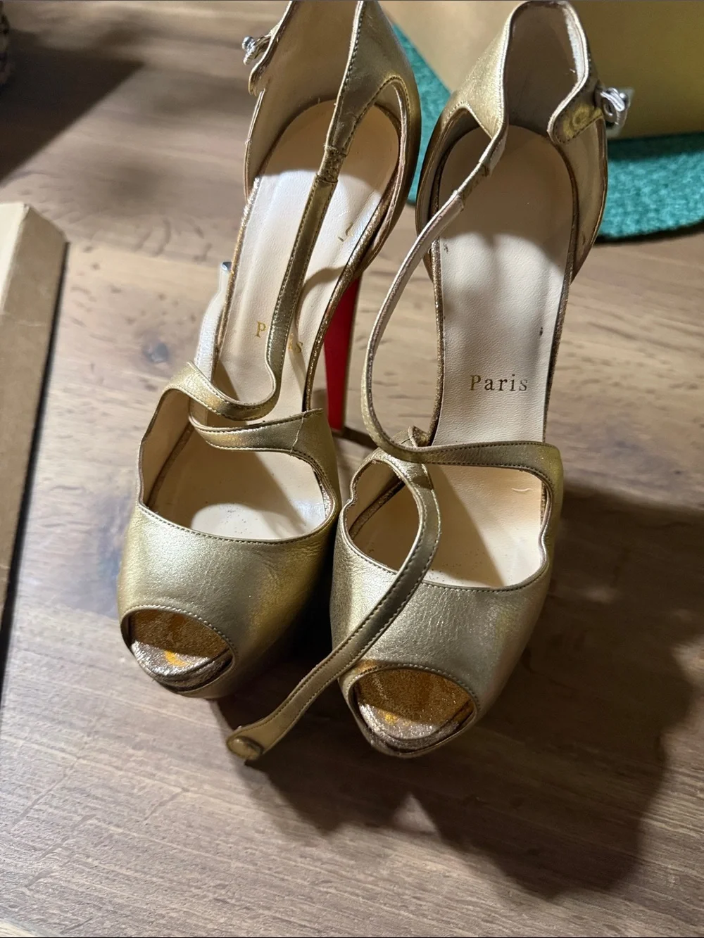 Christian Louboutin Gold Peep-Toe T-Strap Heels with Signature Red Soles